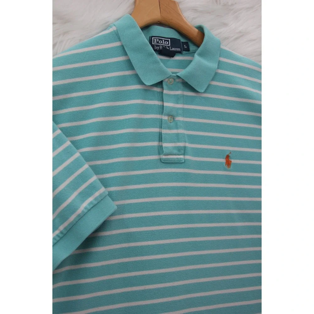Polo Ralph Lauren Men Polo Shirt Blue White Stripes L Y2K Preppy Golf Casual